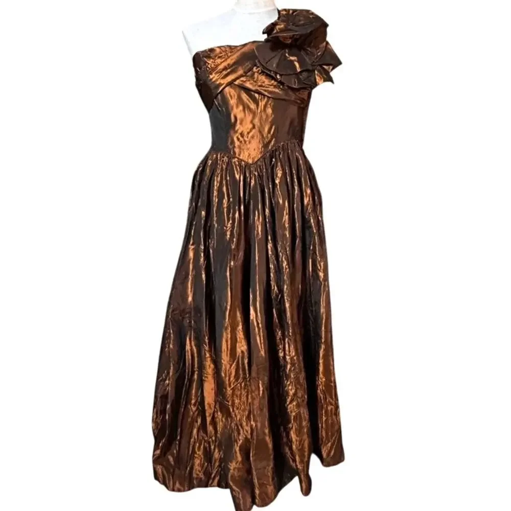 Vintage Fred Perlberg Dance Originals Copper Taffeta Ballgown One Shoulder SM
